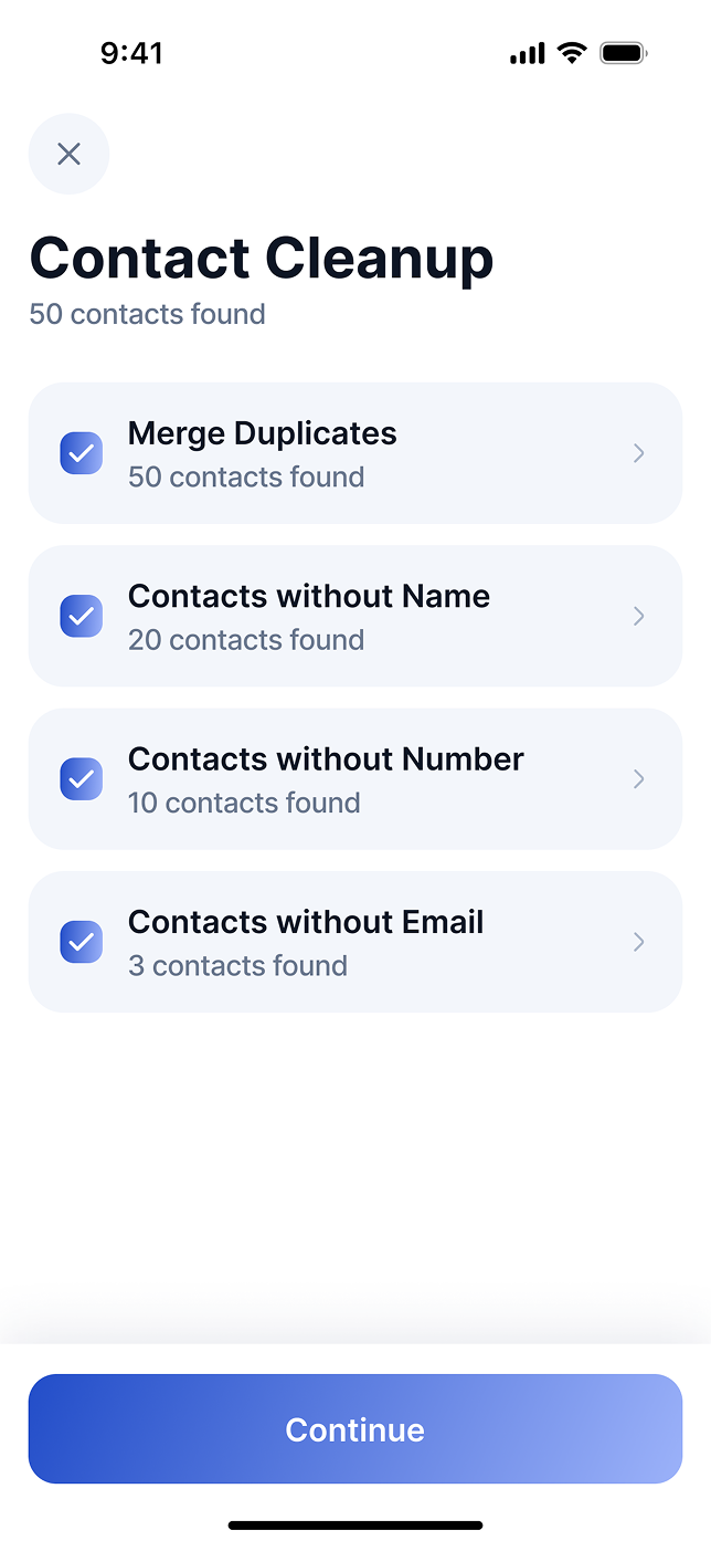 TidyBot contact cleanup screen with duplicate contacts found